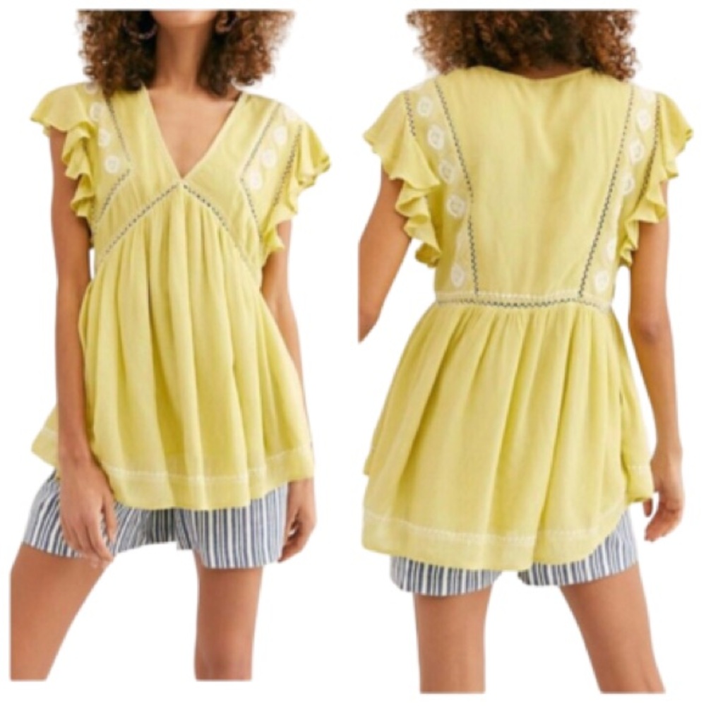 Free People Falling Water Embroidered Tunic Top Citron Flutter Sleeves Women L